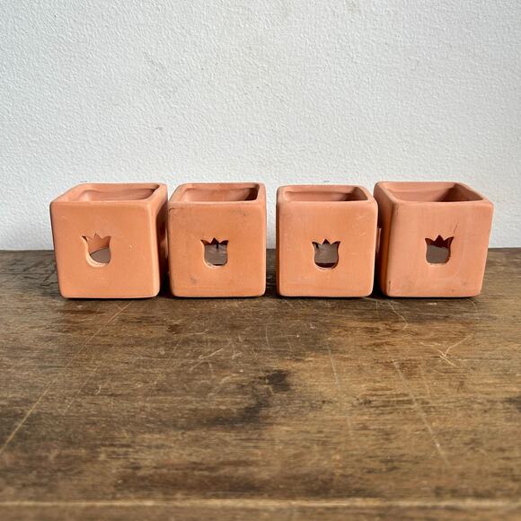 Vintage Square Clay Votive Holders with Tulip Cutout, Set of 4 | Boho Decor - Picture 1 of 5